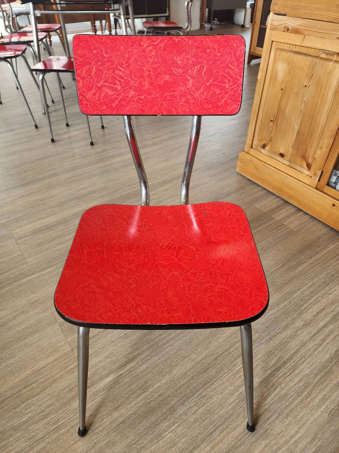 Vintage Lafague red formica set, 1 table, 6 chairs and 1 stool