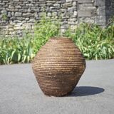 Large old basket, burgundy straw and bramble, woven basket