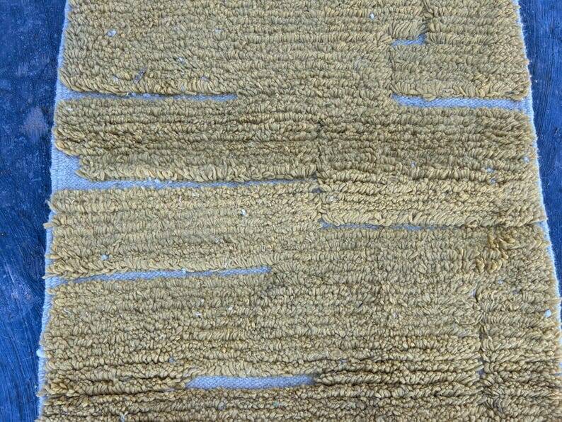 Handmade pure wool carpet in mustard yellow, size 75/300cm.