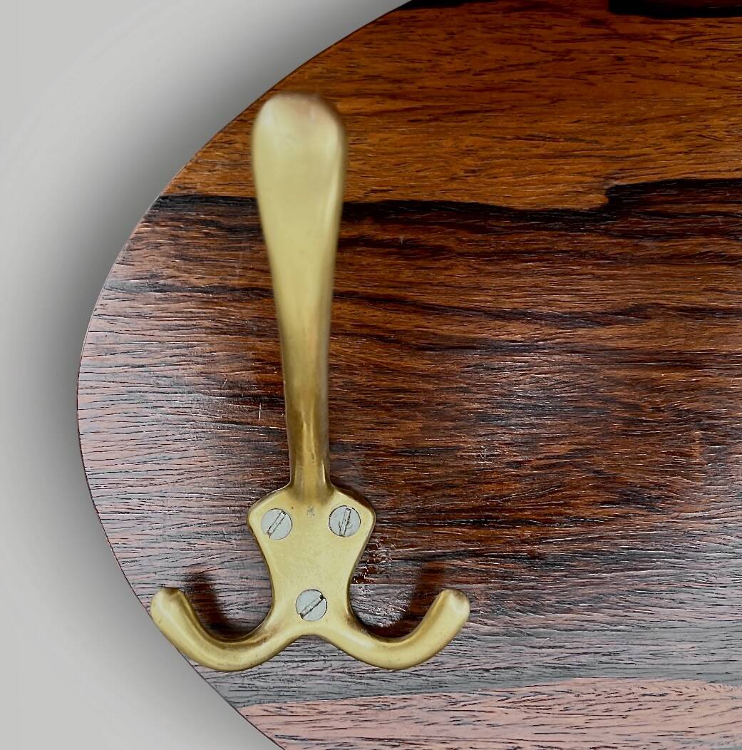 Vintage wall-mounted coat rack in wood and gold-tone aluminum – 1960s