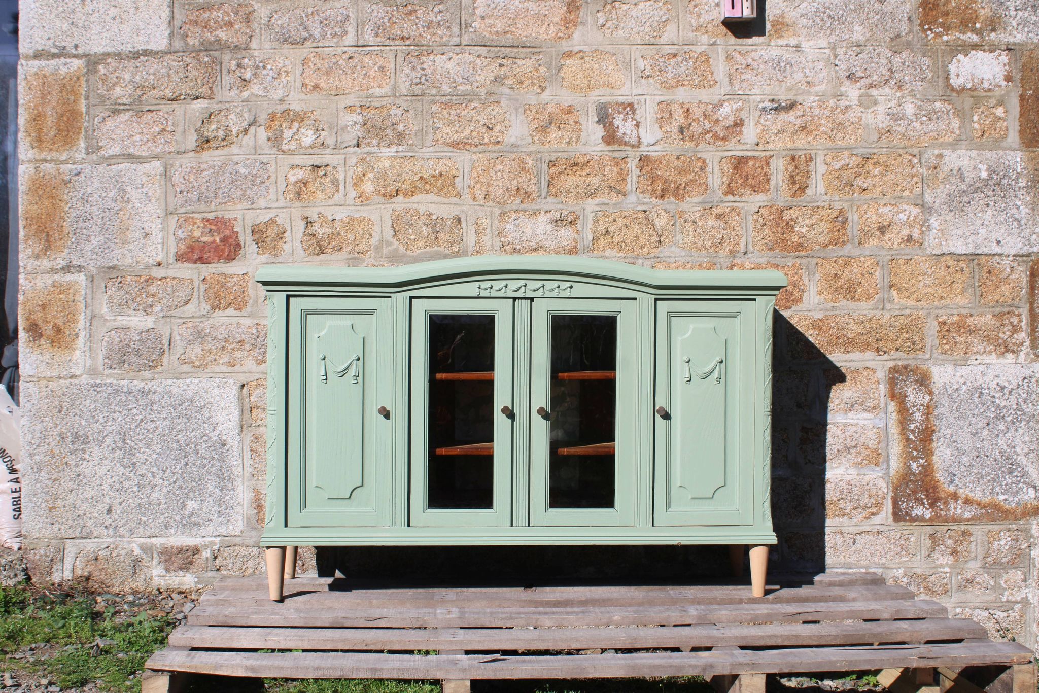 Renovated vintage sage green enfilade – wooden legs & bevelled display cabinets
