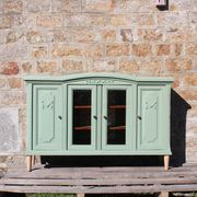 Renovated vintage sage green enfilade – wooden legs & bevelled display cabinets
