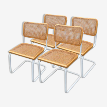 Ensemble de 4 chaises vintage modèle Cesca B32 en blanc et bois