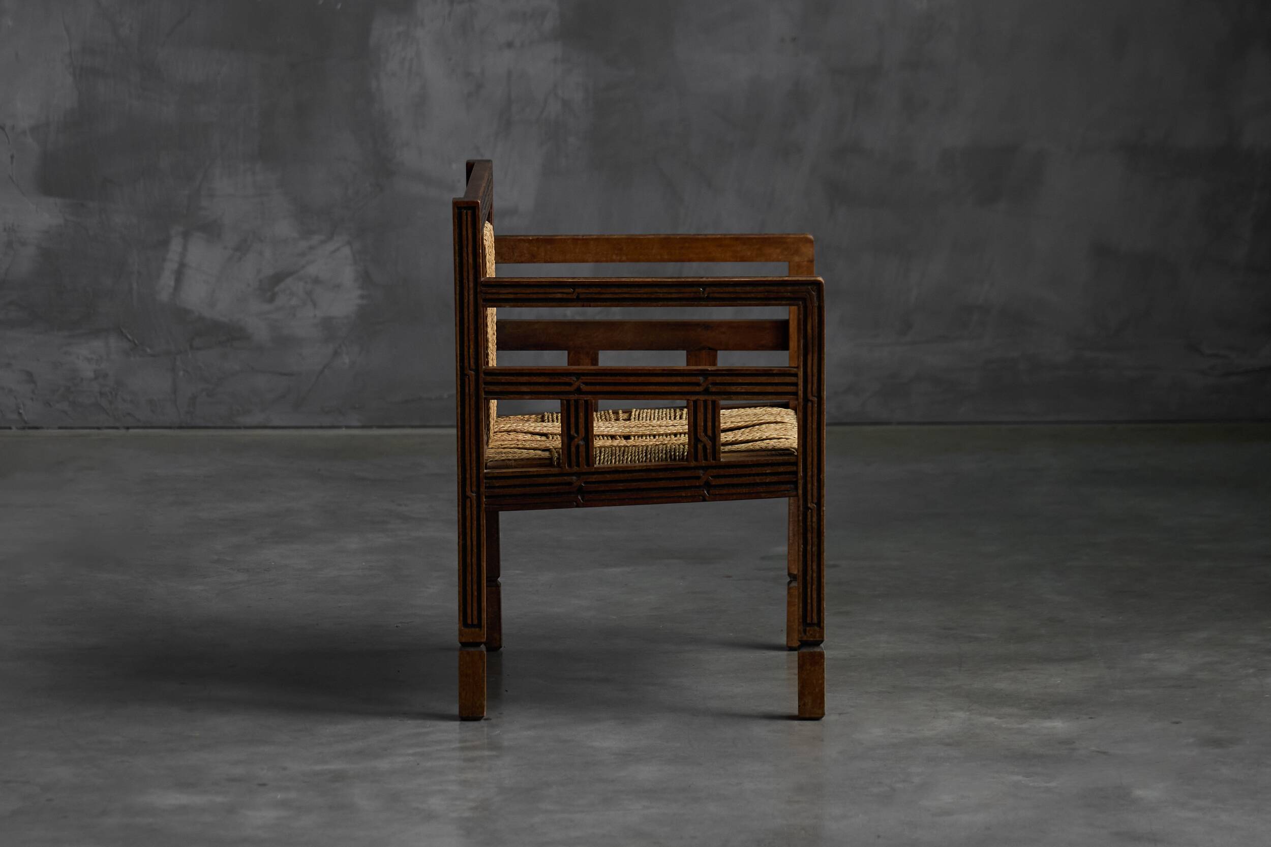 Art Deco Wooden Armchair with Rush Seat, France, 1920s