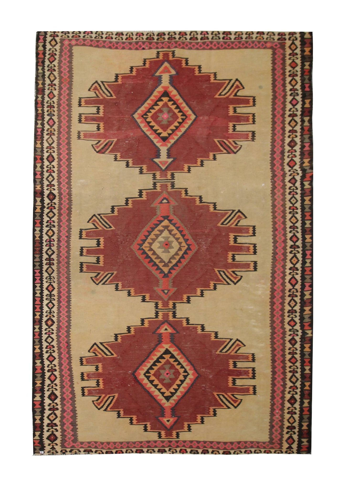 Vintage Kilim Rug 1980s Beige Terracotta Wool Flatweave 290 x 175 cm