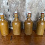 Set of 4 Old Beige Stoneware Bottles + Vintage Porcelain Stopper
