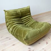 Armchair and pouffe Togo in green olive velvet model designed by Michel Ducaroy 1973
