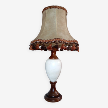 Table lamp with marble and wood base, fringed pagoda lampshade, seventies