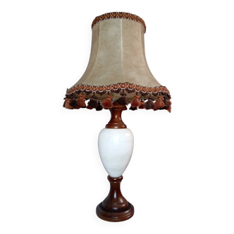 Table lamp with marble and wood base, fringed pagoda lampshade, seventies