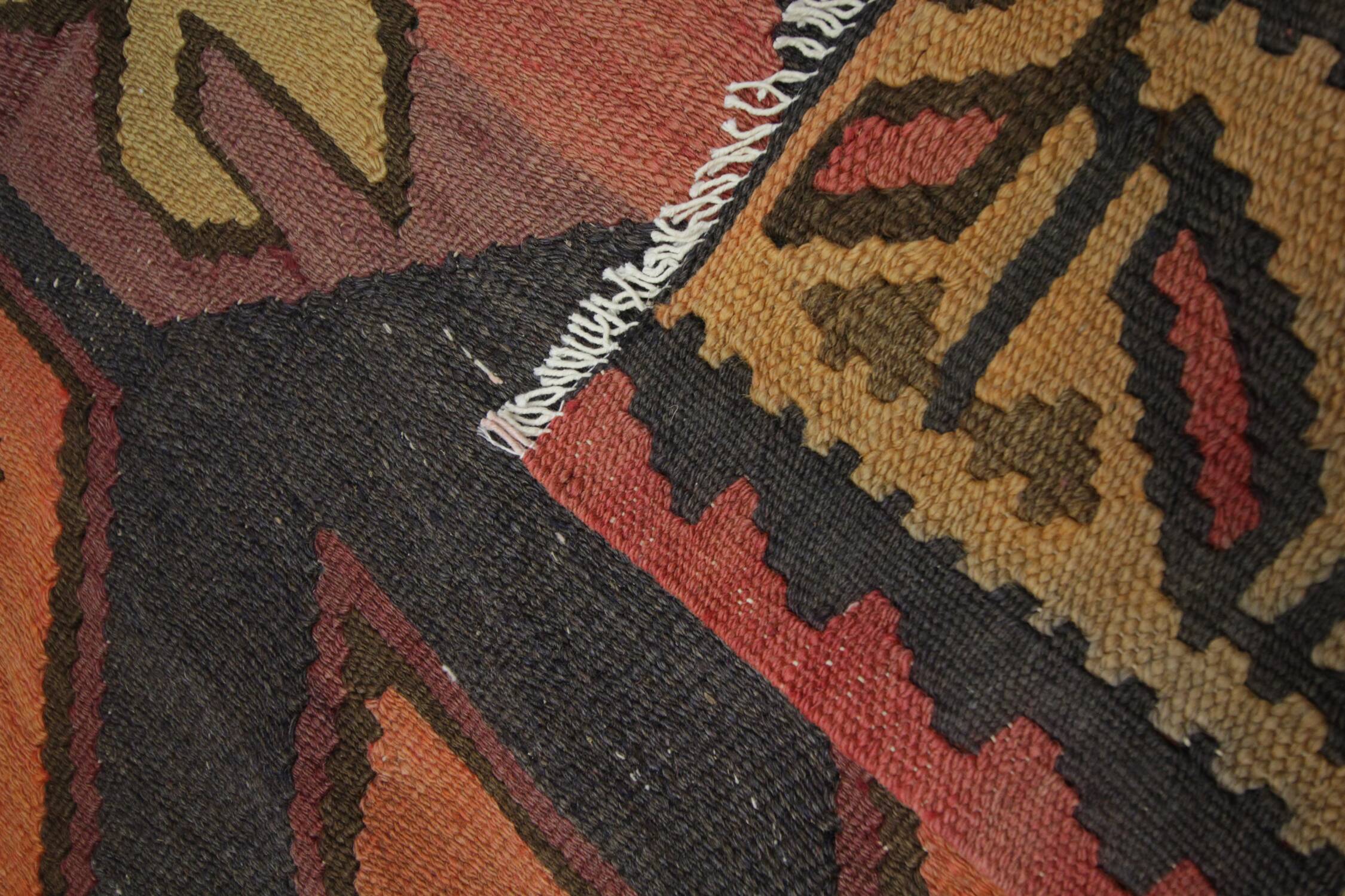 Rug & Kilim Rust Geometric Runner, Handmade Tribal Wool Flatweave, Boho Hallway Rug