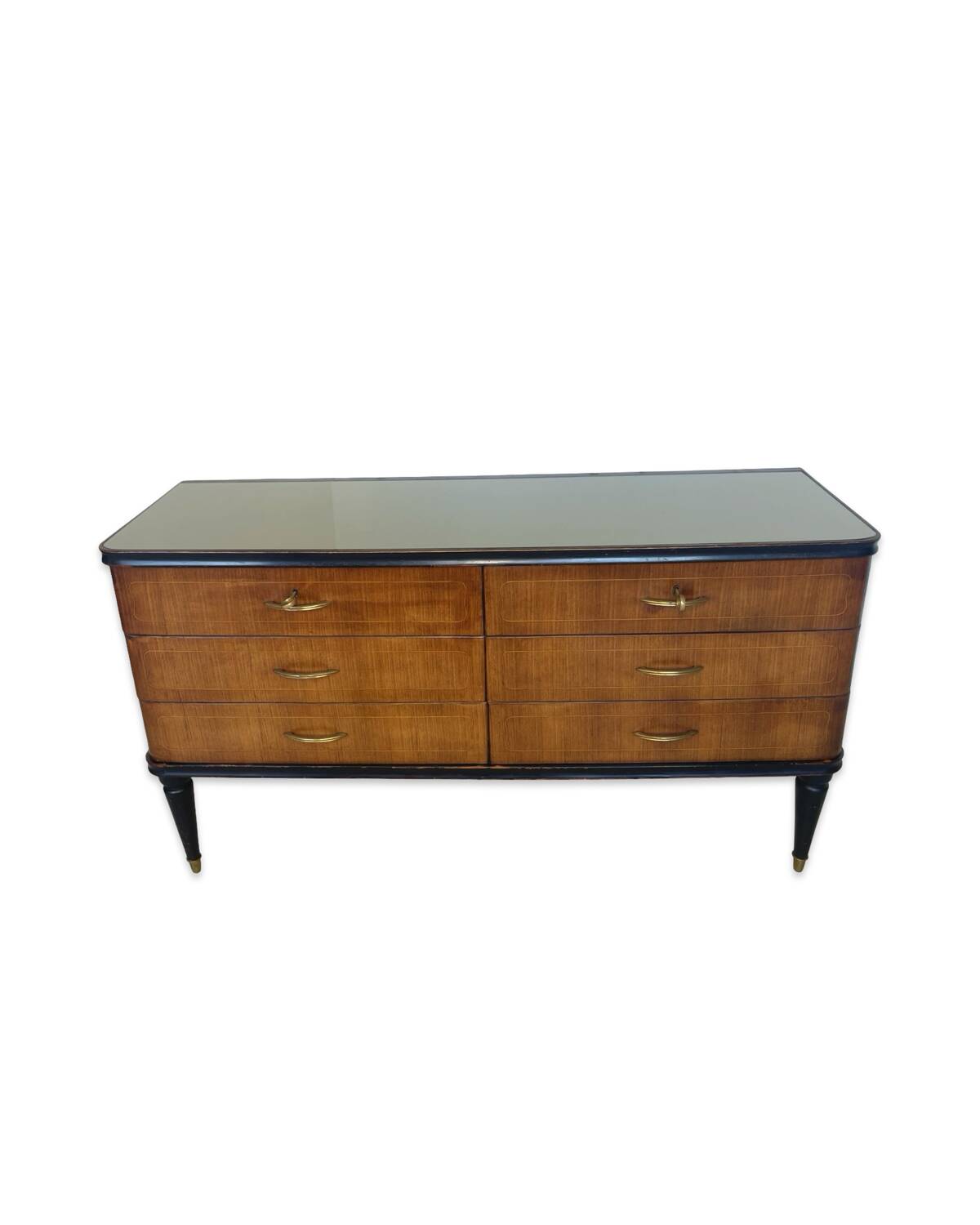 Commode en acajou plaqué avec plateau en verre vert, années 1950