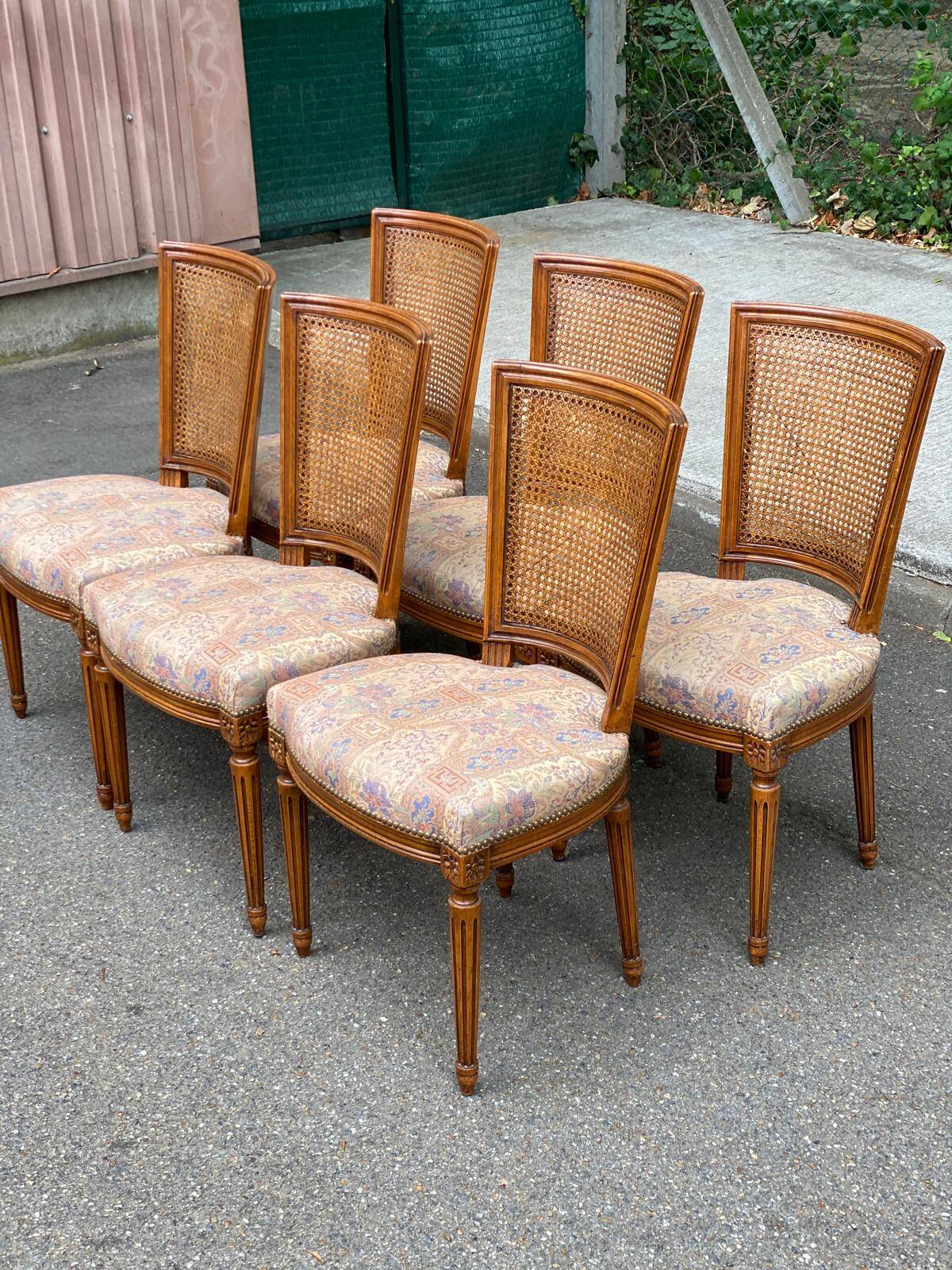 Set of 6 Louis XVI style chairs with caned backs and 70s jacquard fabric.
