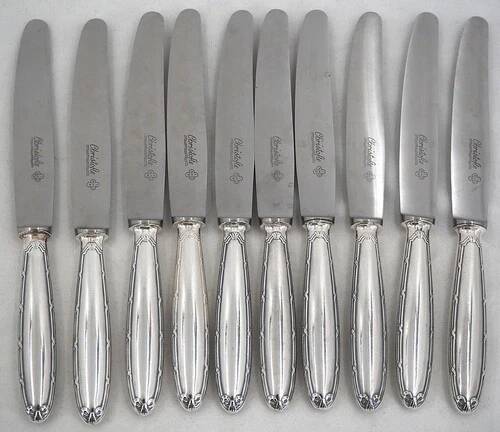Christofle Rubans, 10 dessert knives, dessert, cheese, silver-plated metal.