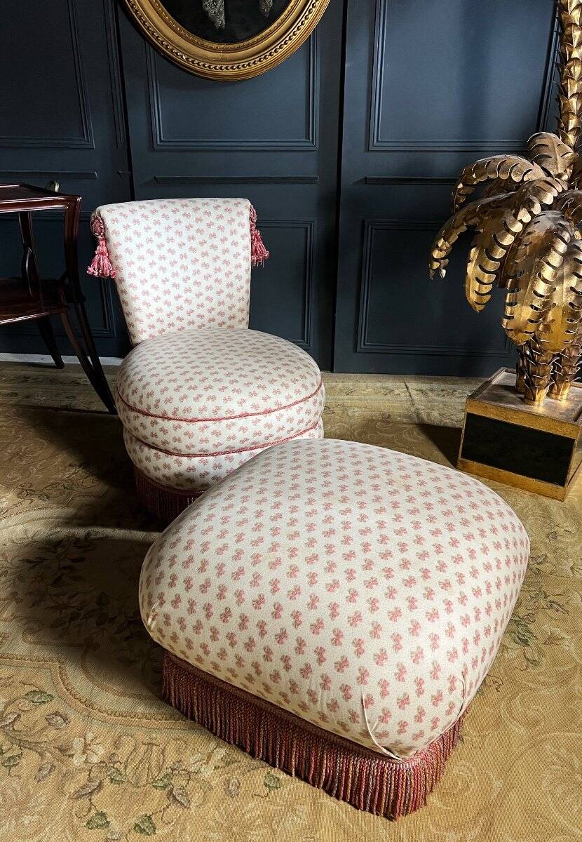 Napoleon III Style Armchair and Pouf with Pink Bow Decor