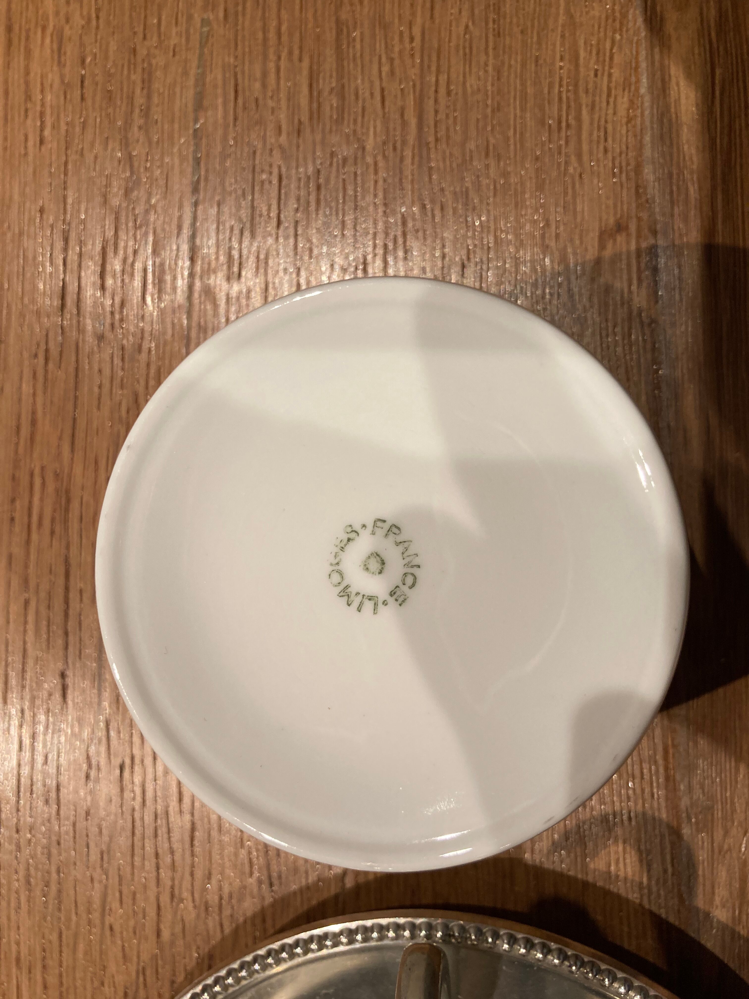 10 cups limoges and under cups in brushed tin