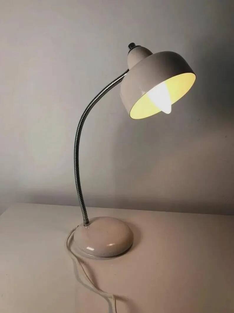 Vintage 1960s Desk Lamp White Metal | Flexible Articulated Swan Neck Light Industrial Mid-Century Design Living Room