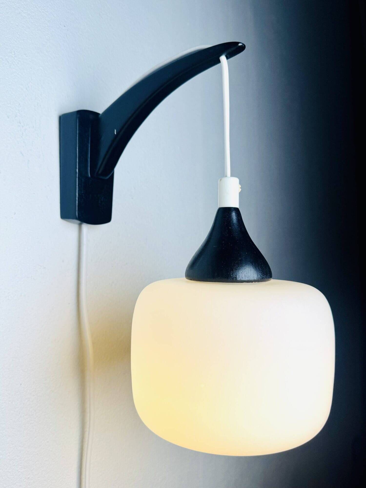 Set Of Single-Arm Wall Lamps In Teak And Opaline Glass By Uno & Östen Kristiansson For Luxus, Sweden 1960S