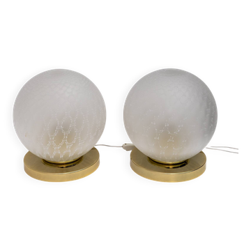 Pair of Mid-Century Modern Italian Brass and Murano Glass Ball Table Lamps
