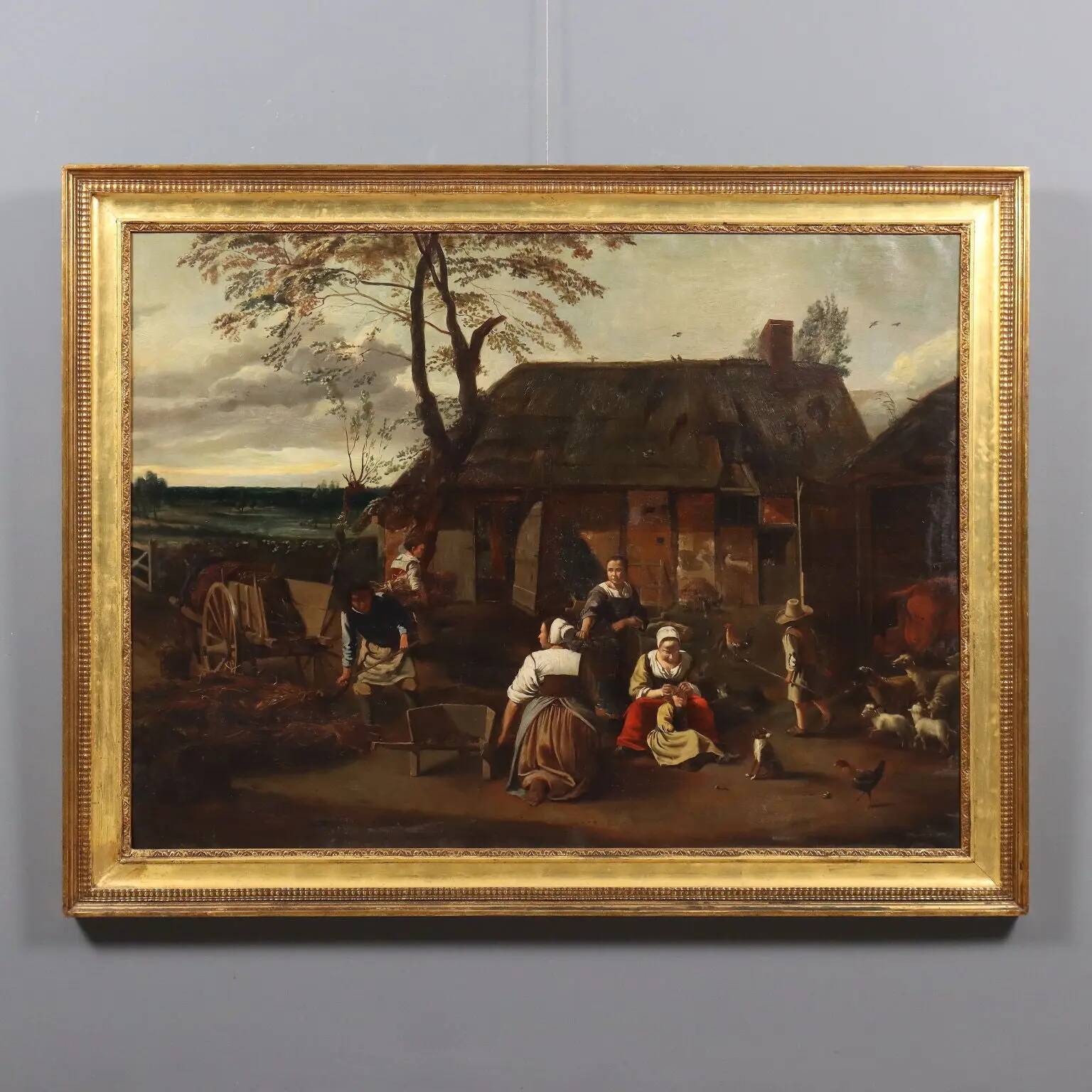 Peinture ancienne scène champêtre, huile sur toile, Europe du Nord '800