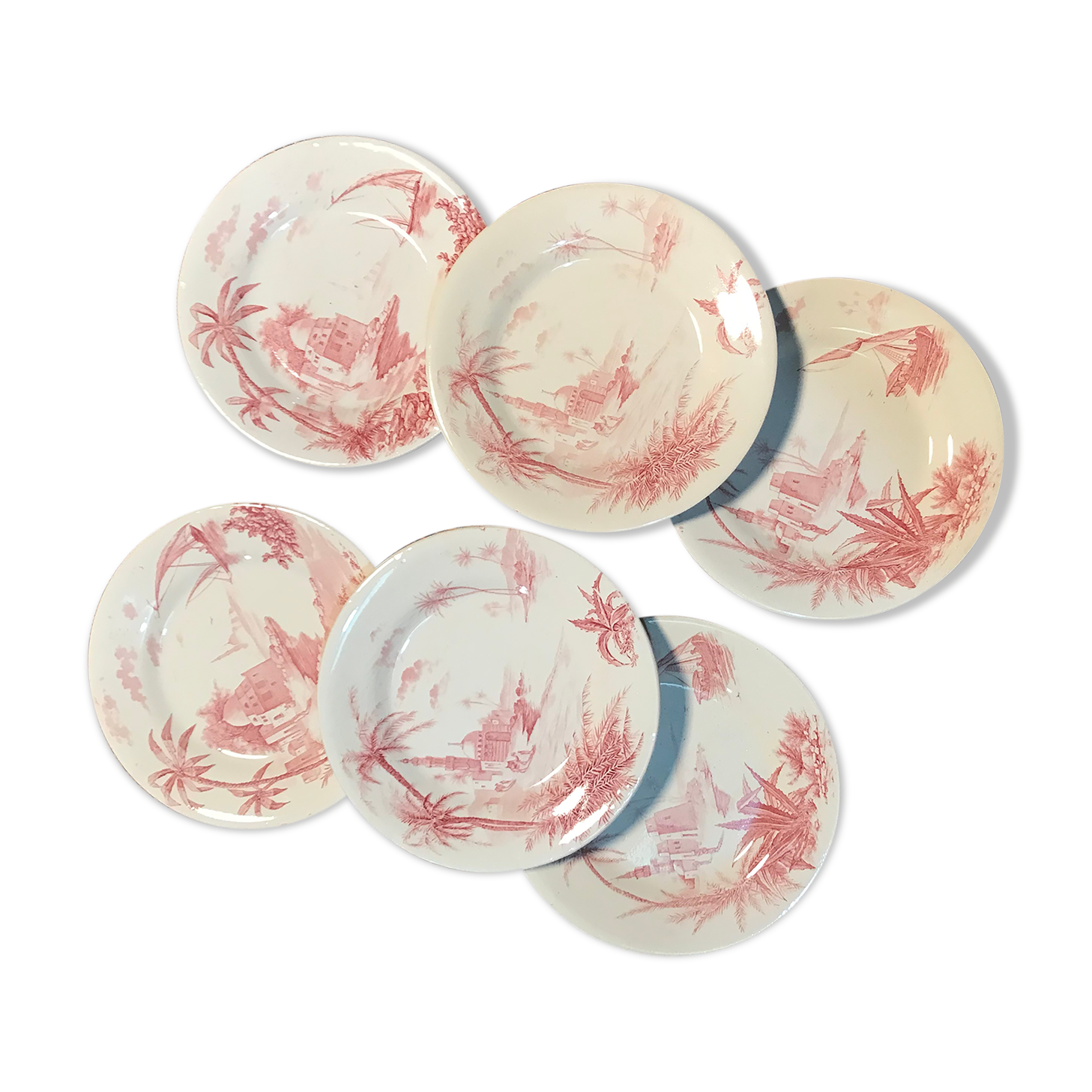 6 vintage pink Shabby dessert plates seen from the east