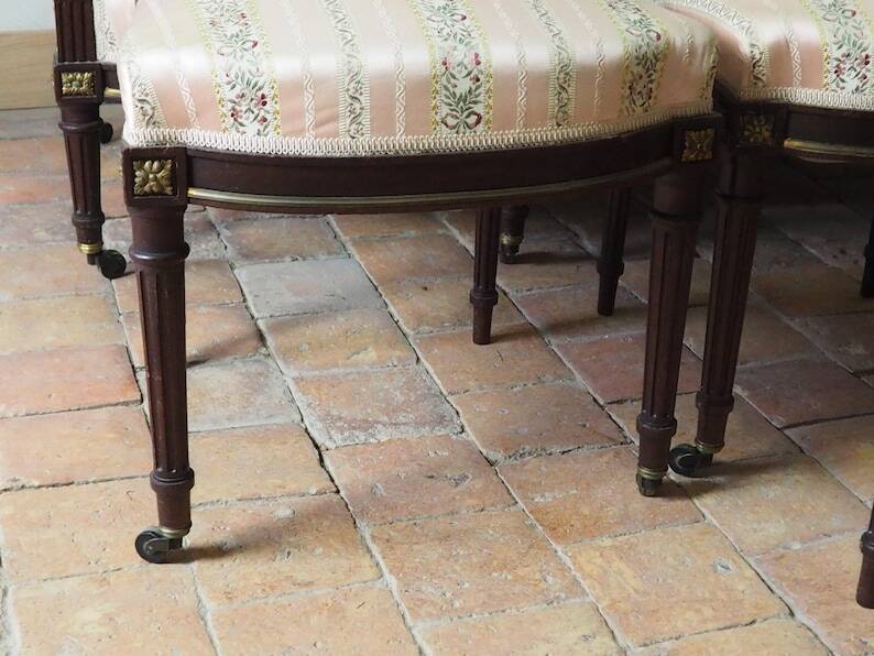 Antique French Empire Style Sofa and Chairs: Pink Satin Furniture Set