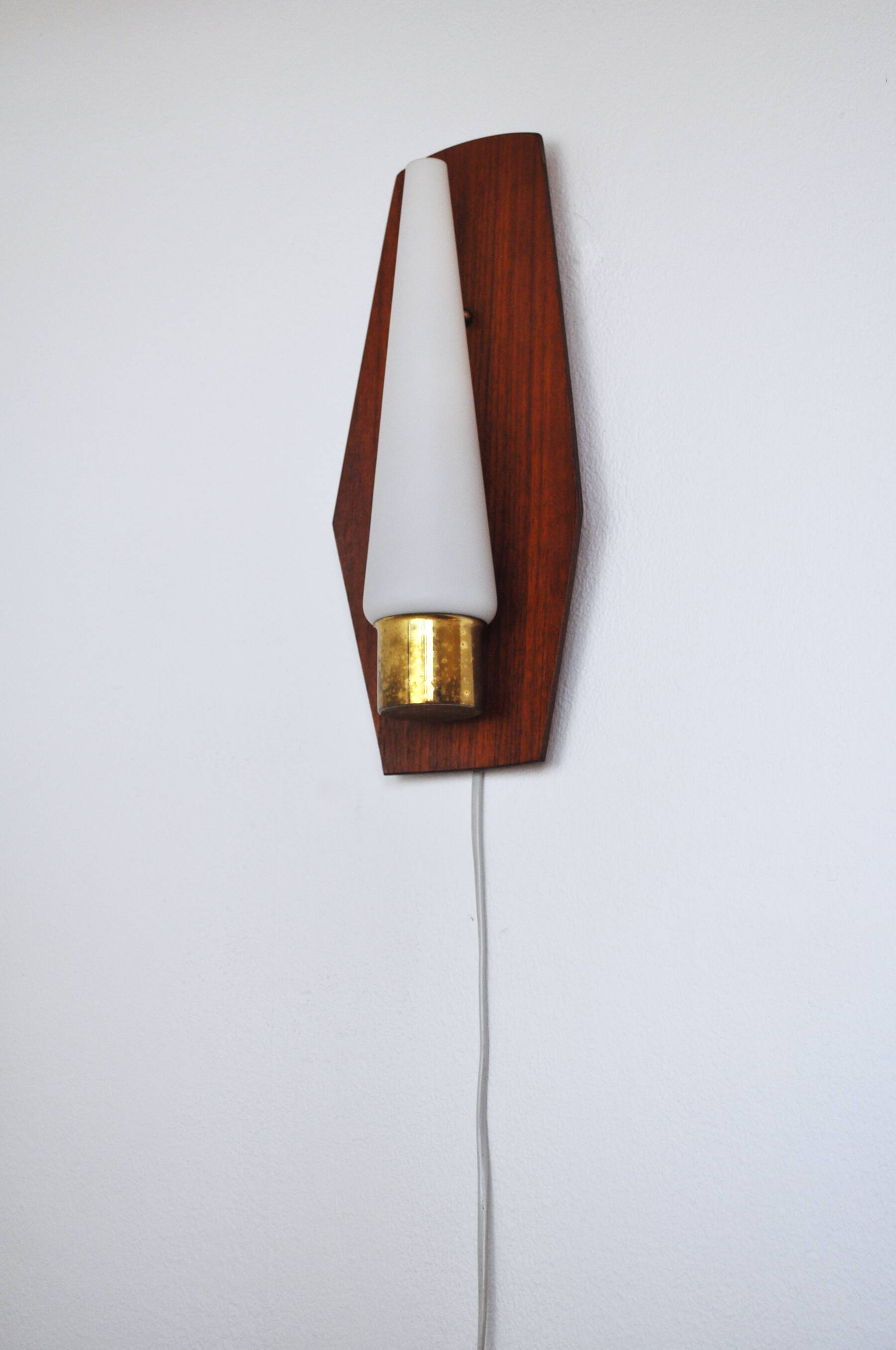 Scandinavian modern danish wall light in teak, brass and opaline glass, 1960s