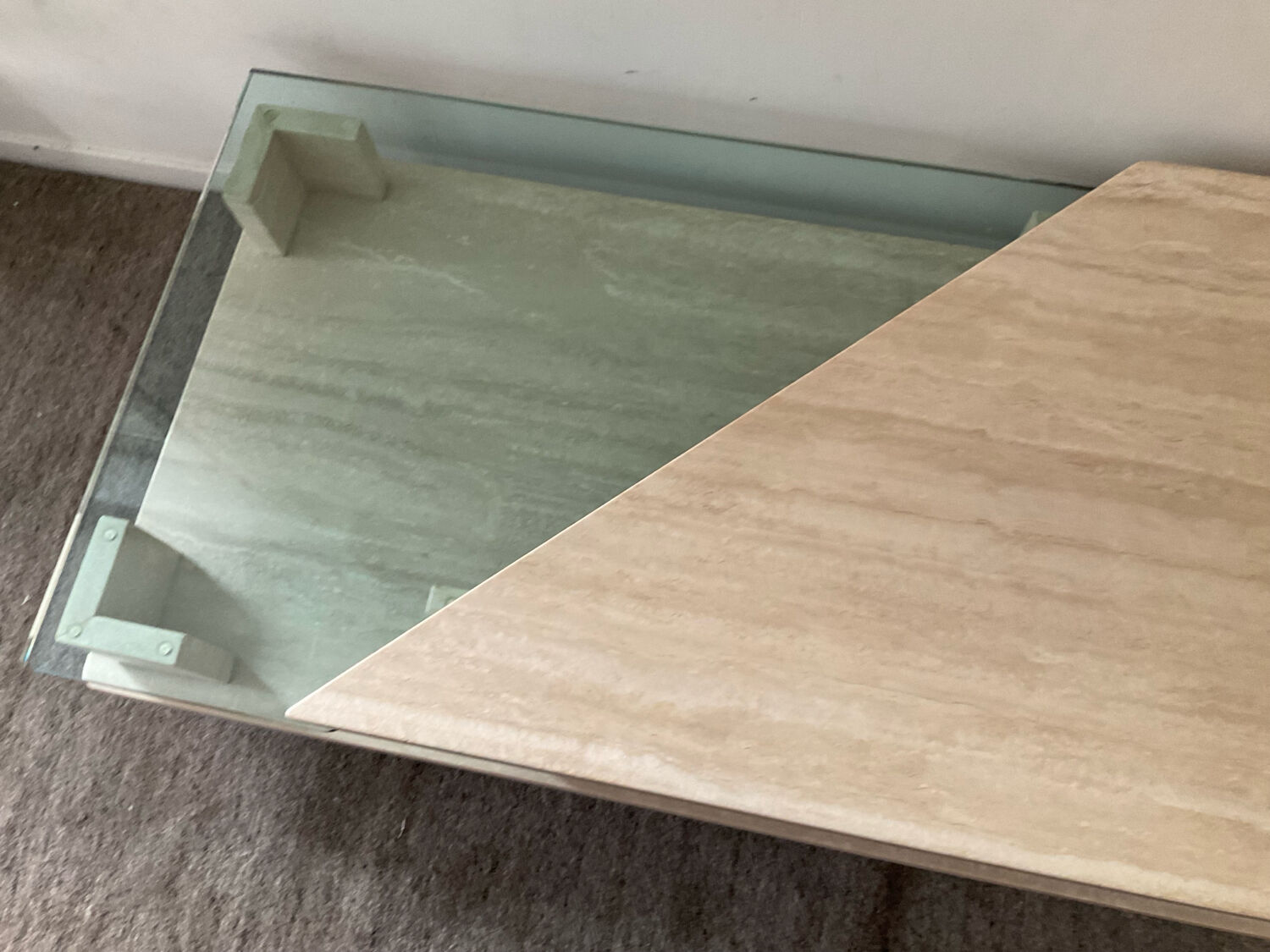 Vintage travertine and glass coffee table