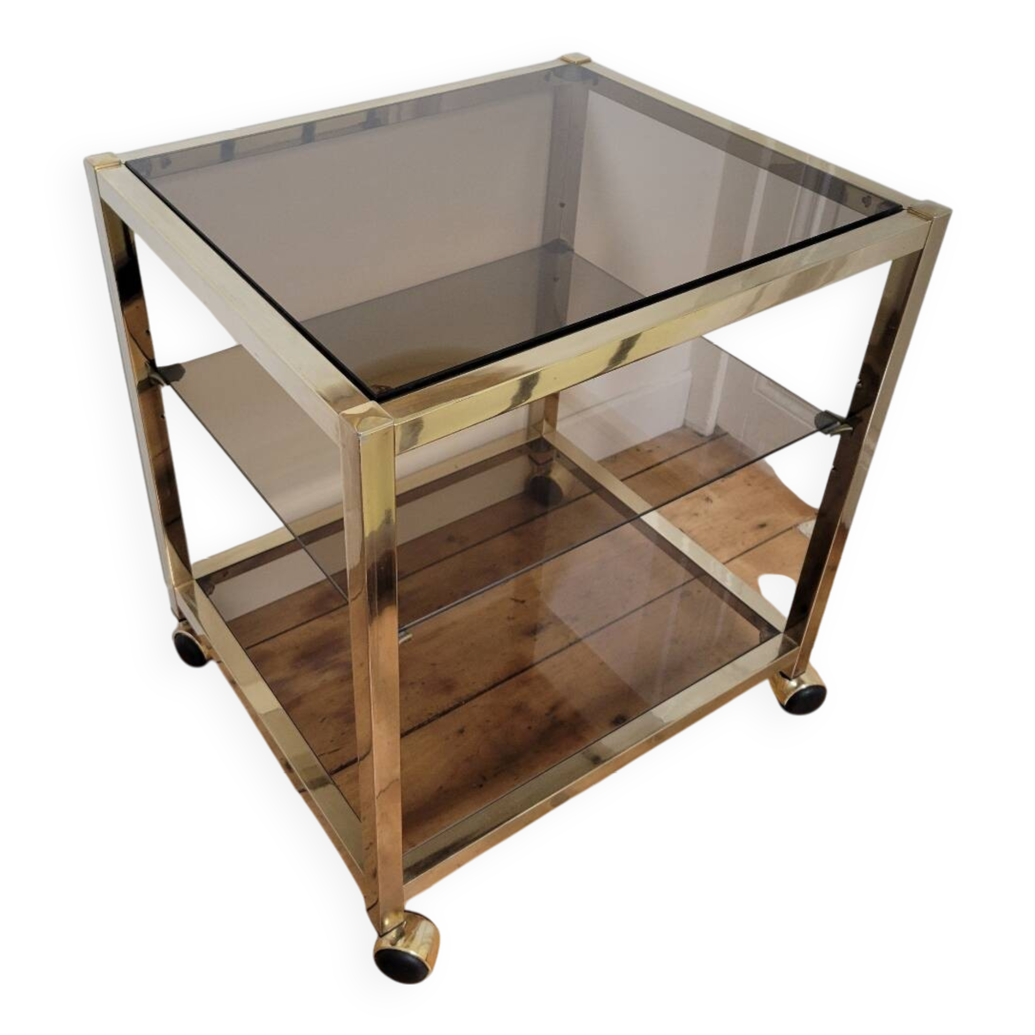 Gold metal and smoked glass serving trolley