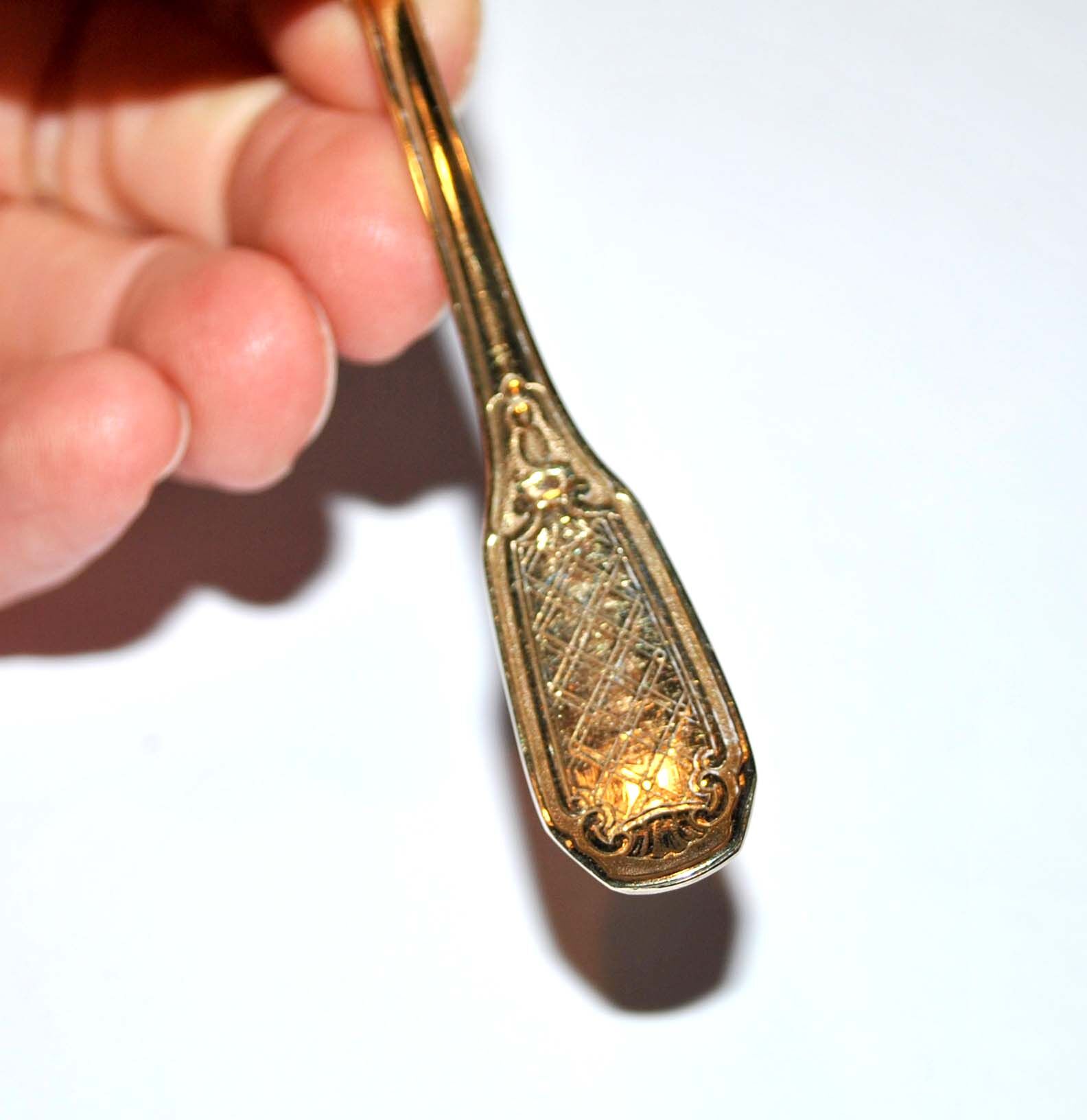 Precious set of 6 teaspoons and its sugar tongs in SOLID SILVER plated Gold Vermeil 19th s