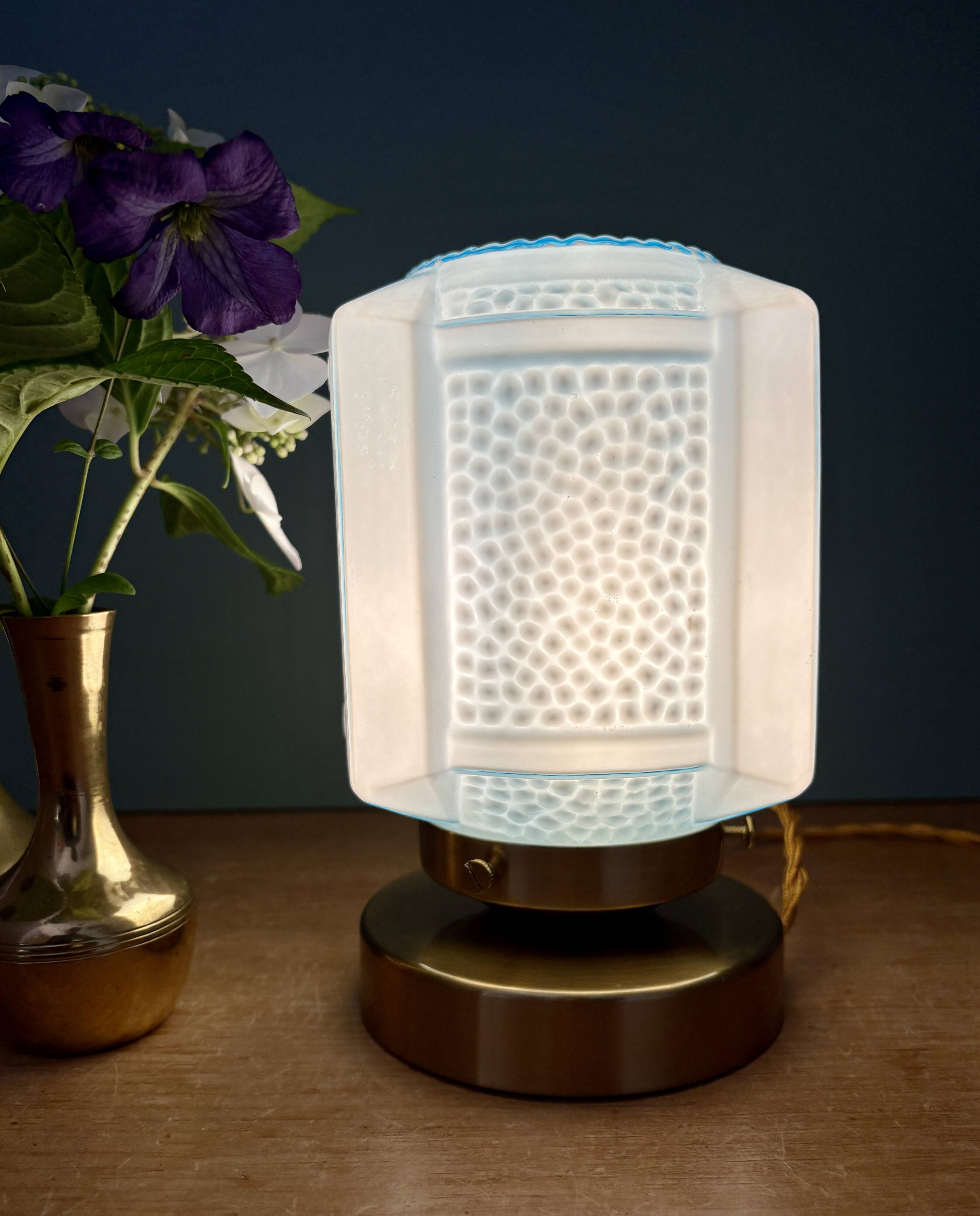 Vintage art deco globe table lamp in blue opaline