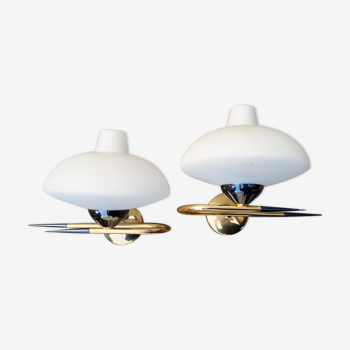 Pair of wall lamps Maison Arlus, metal and opaline, vintage, 50s