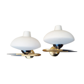 Pair of wall lamps Maison Arlus, metal and opaline, vintage, 50s