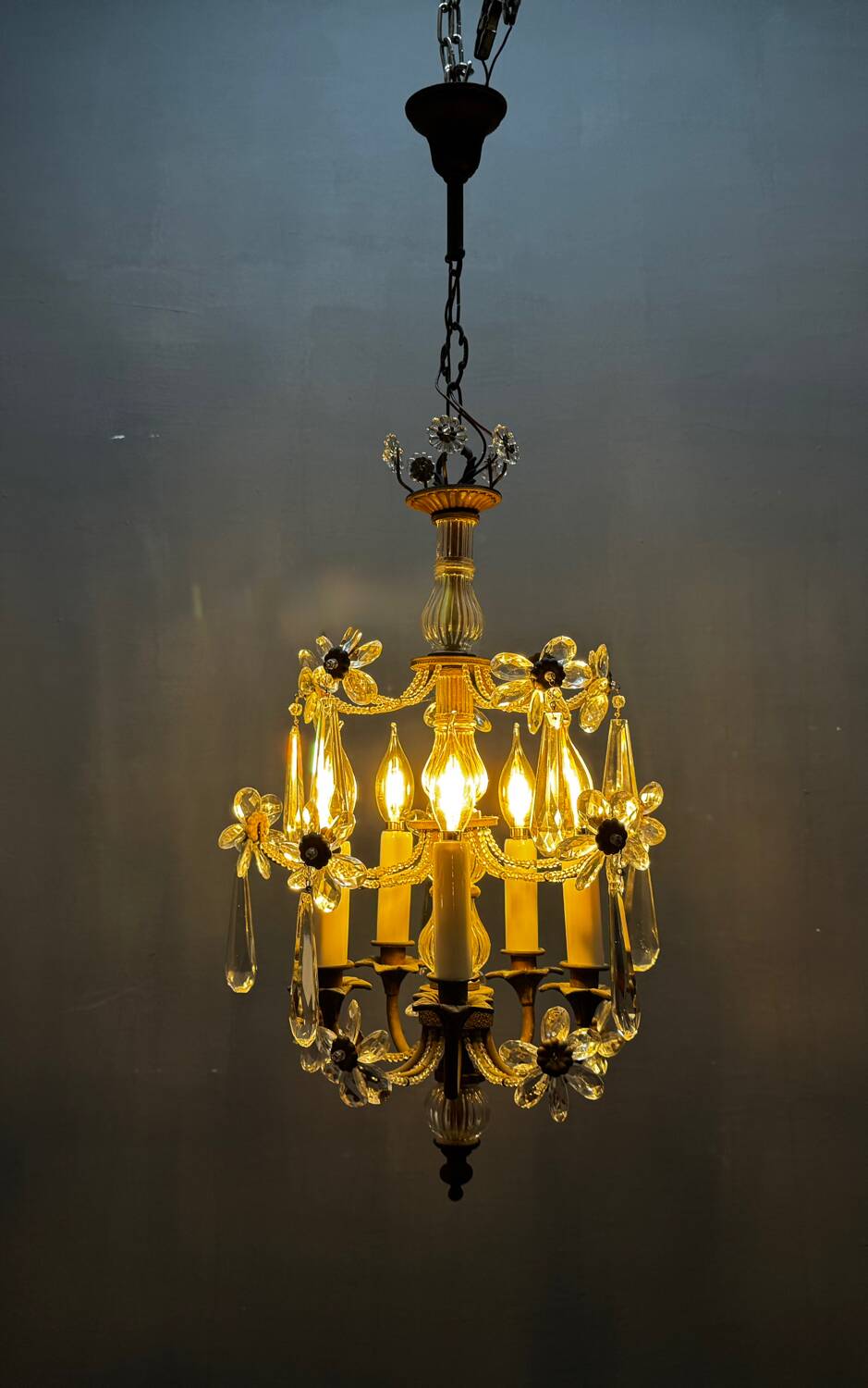 Crystal Beaded Bronze Flower Chandelier 1950s