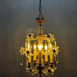 Crystal Beaded Bronze Flower Chandelier 1950s