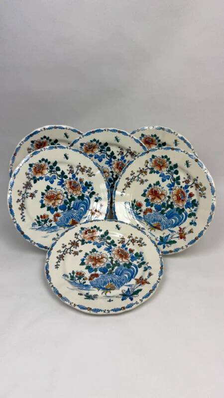 Set of 6 Gien flat plates with rooster and peony decoration, earthenware, 1875