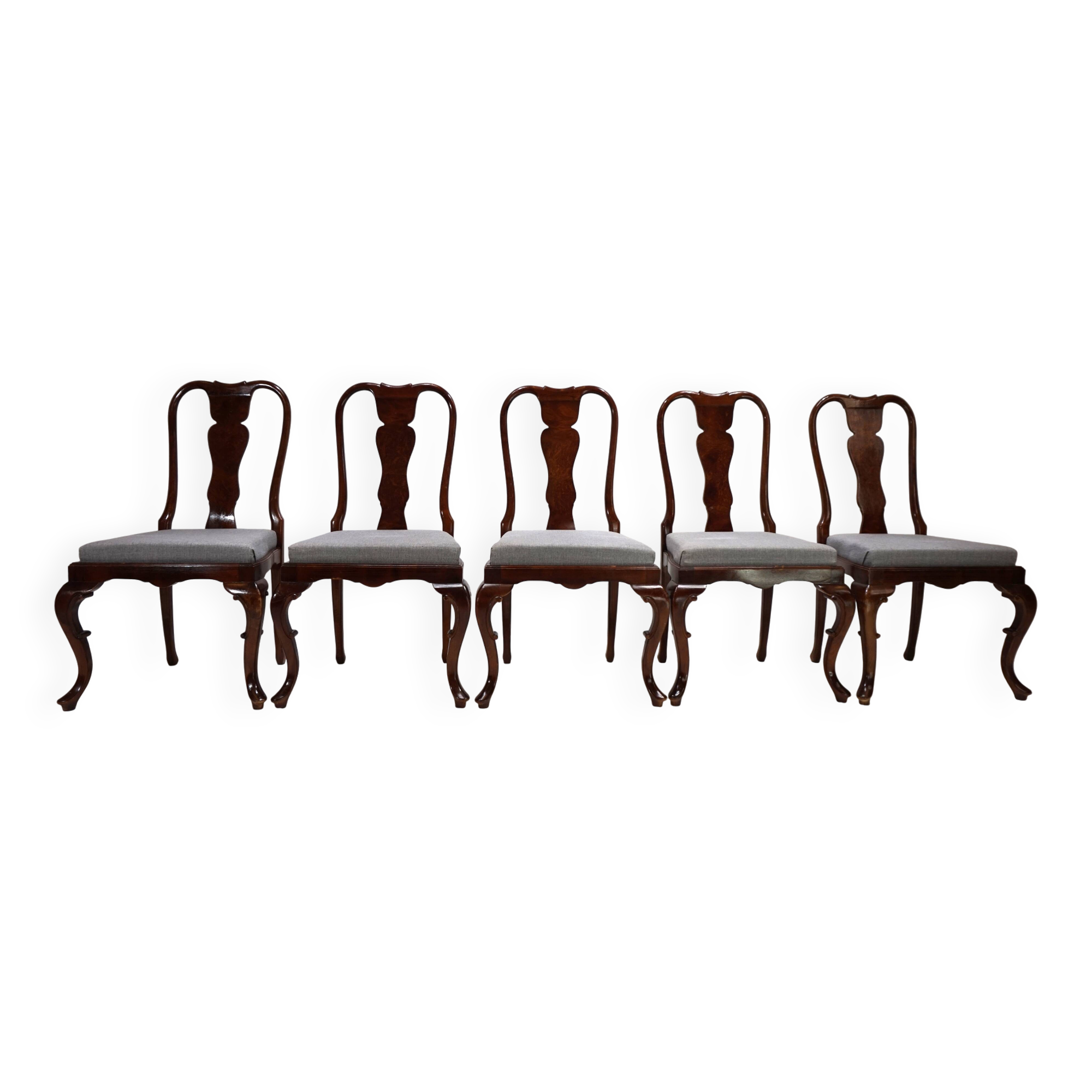 Lot de 5 chaises de salle à manger en acajou de style Reine Anne, 1920