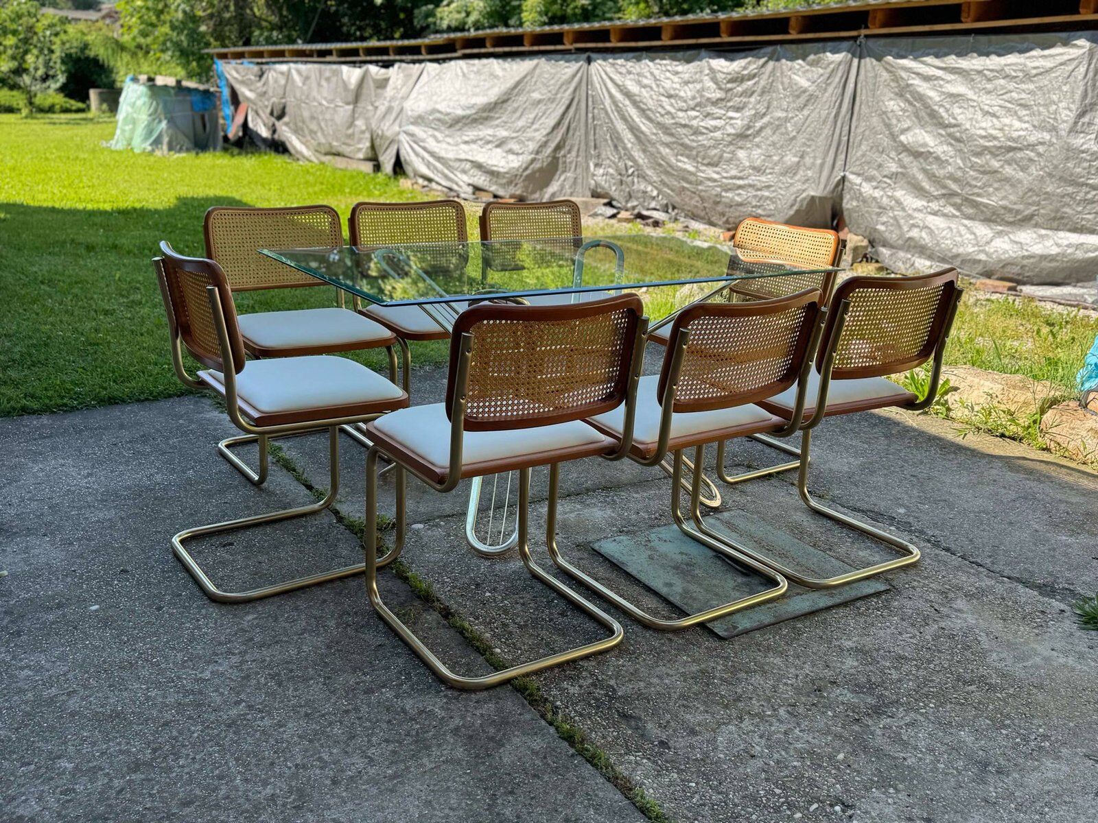 Italian brass dining set with table and chairs, 1970s, set of 9