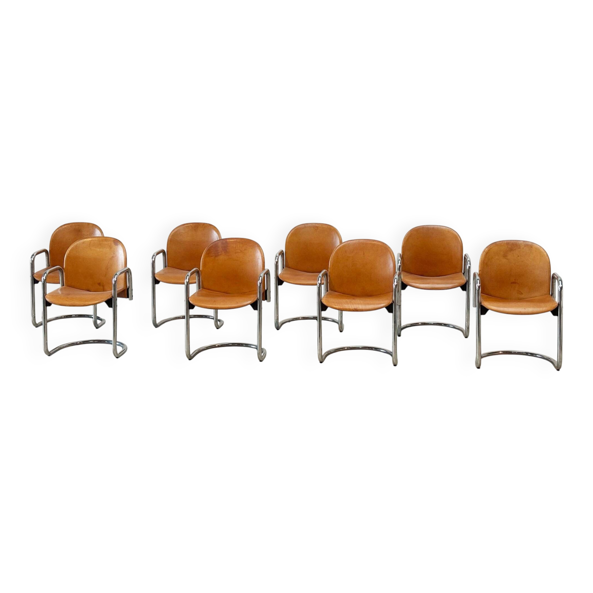 Set of eight cognac leather Dialogo Dessau dining chairs by Afra E Tobia Scarpa