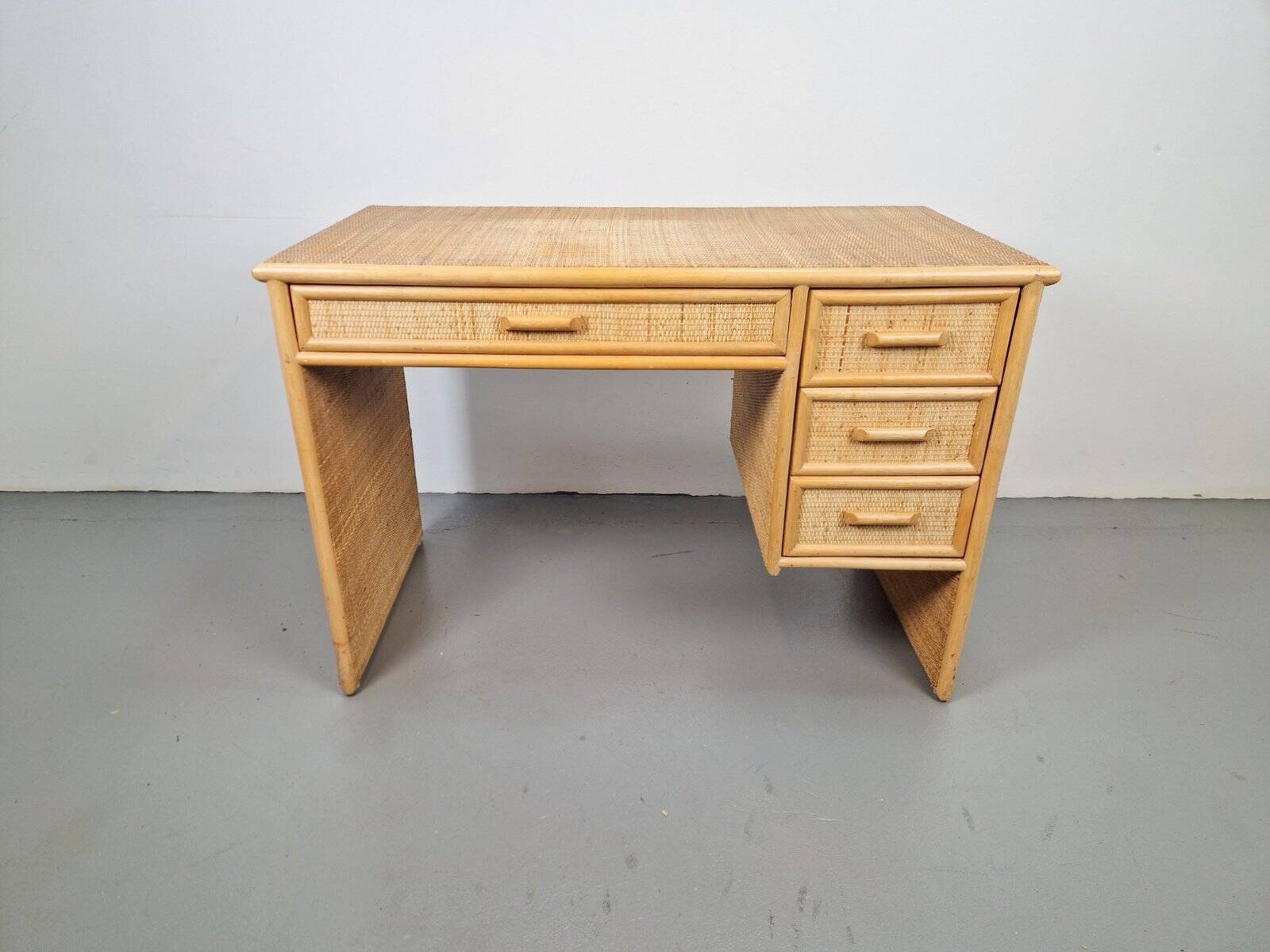 Vintage French Bamboo Rattan Desk with Drawers, 1970s