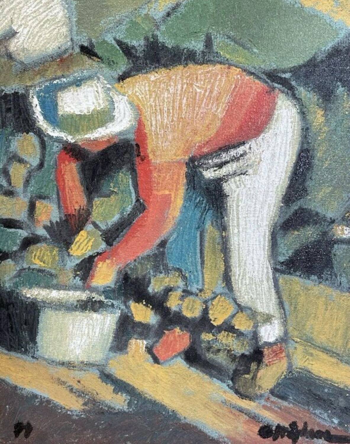 Oil on canvas signed O. Stephane, vintage painting of a grape harvest scene.