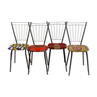 Ensemble de 4 chaises vintage en métal et tissu wax