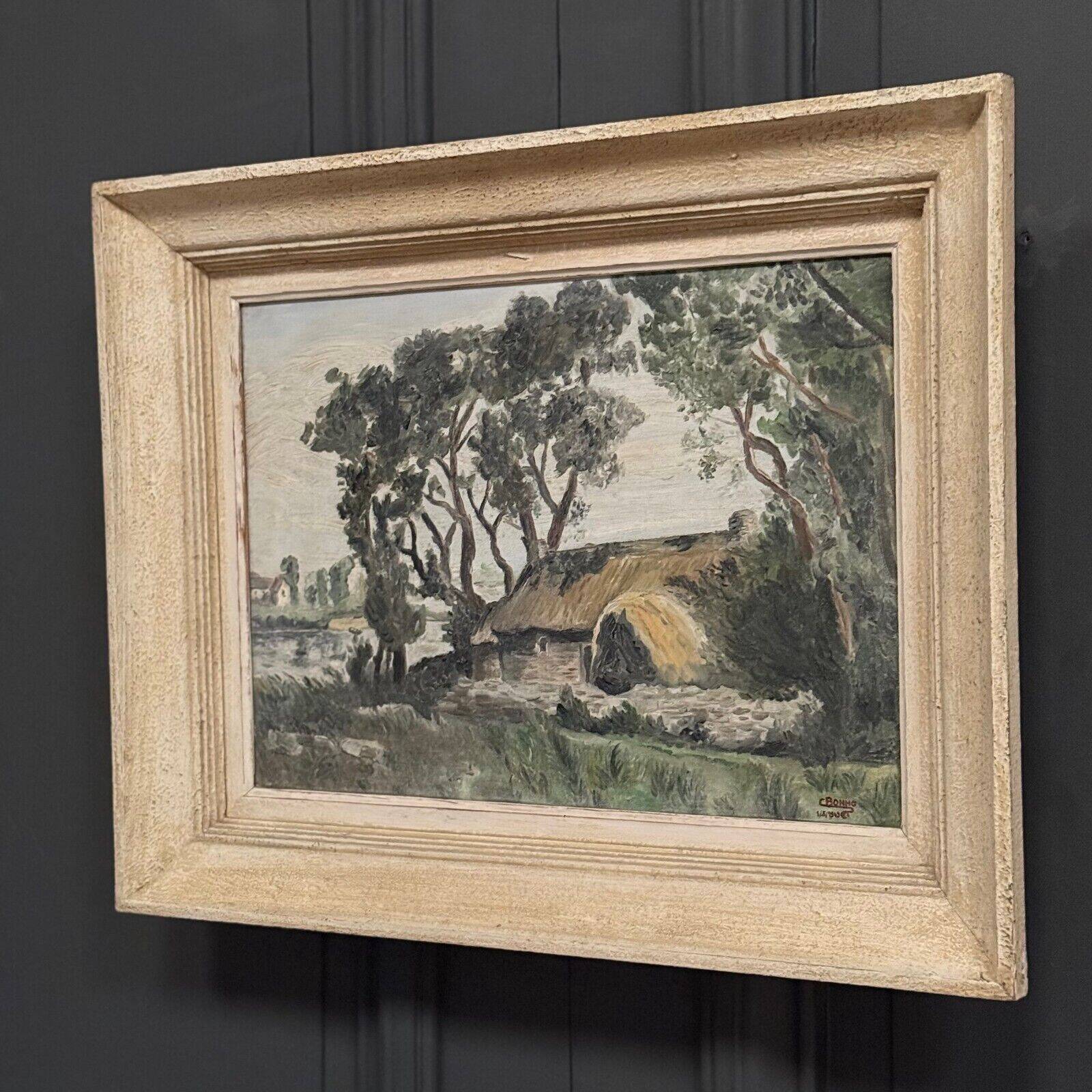 Oil on canvas landscape with Vendée basket by C. Bonno 1949