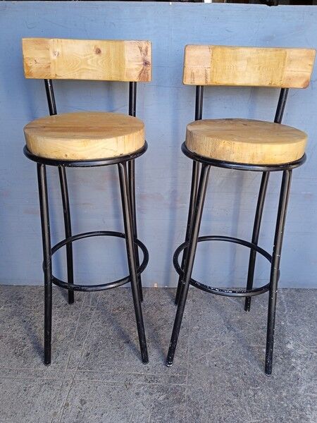 Pair 2 high bar stools wood and metal