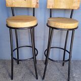 Pair 2 high bar stools wood and metal