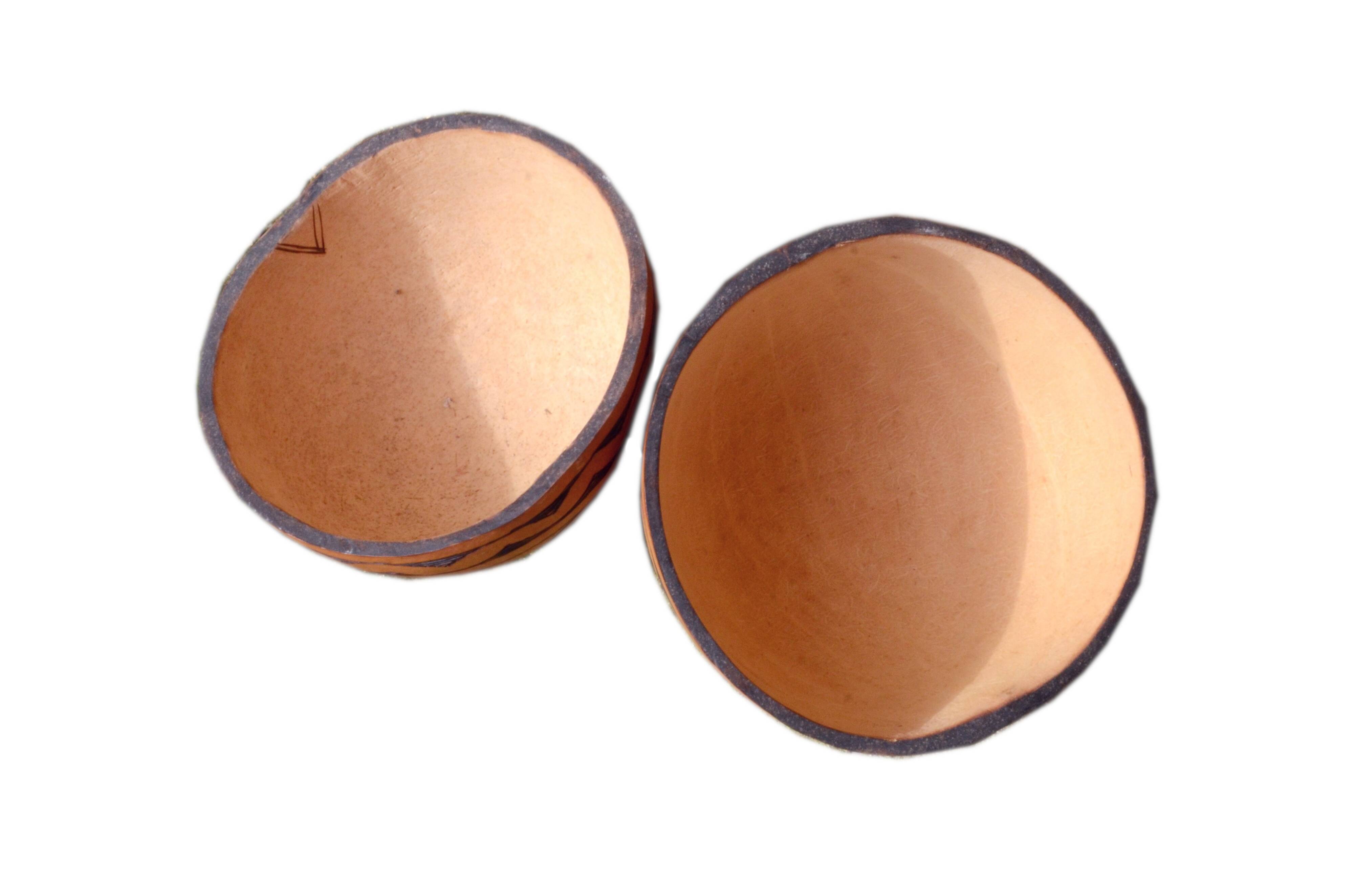 2 half decorated gourds (pyrography), floral and geometric patterns, 20cm