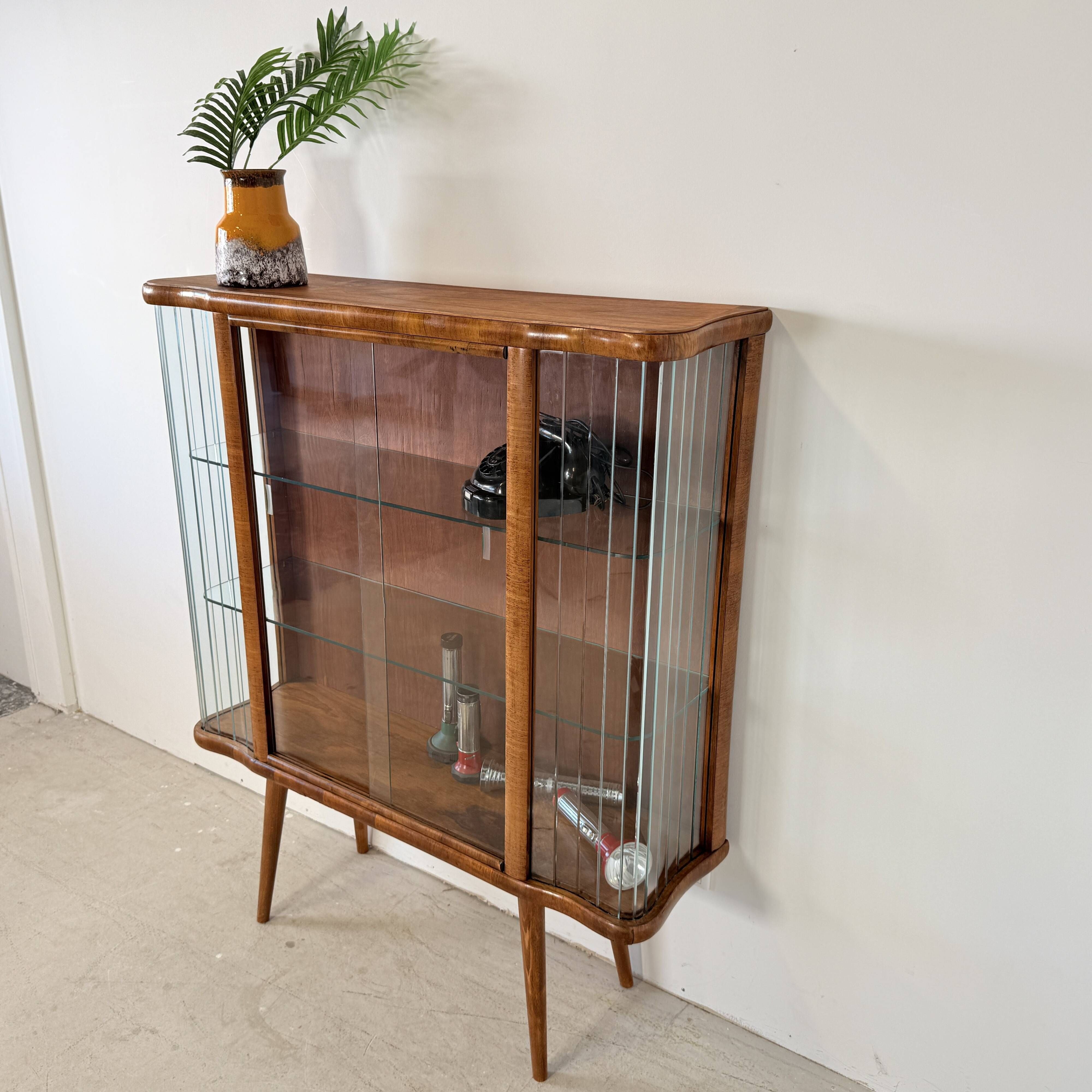 Vintage Display Cabinet with Glass Slats – Warm Walnut Veneer - Art Deco