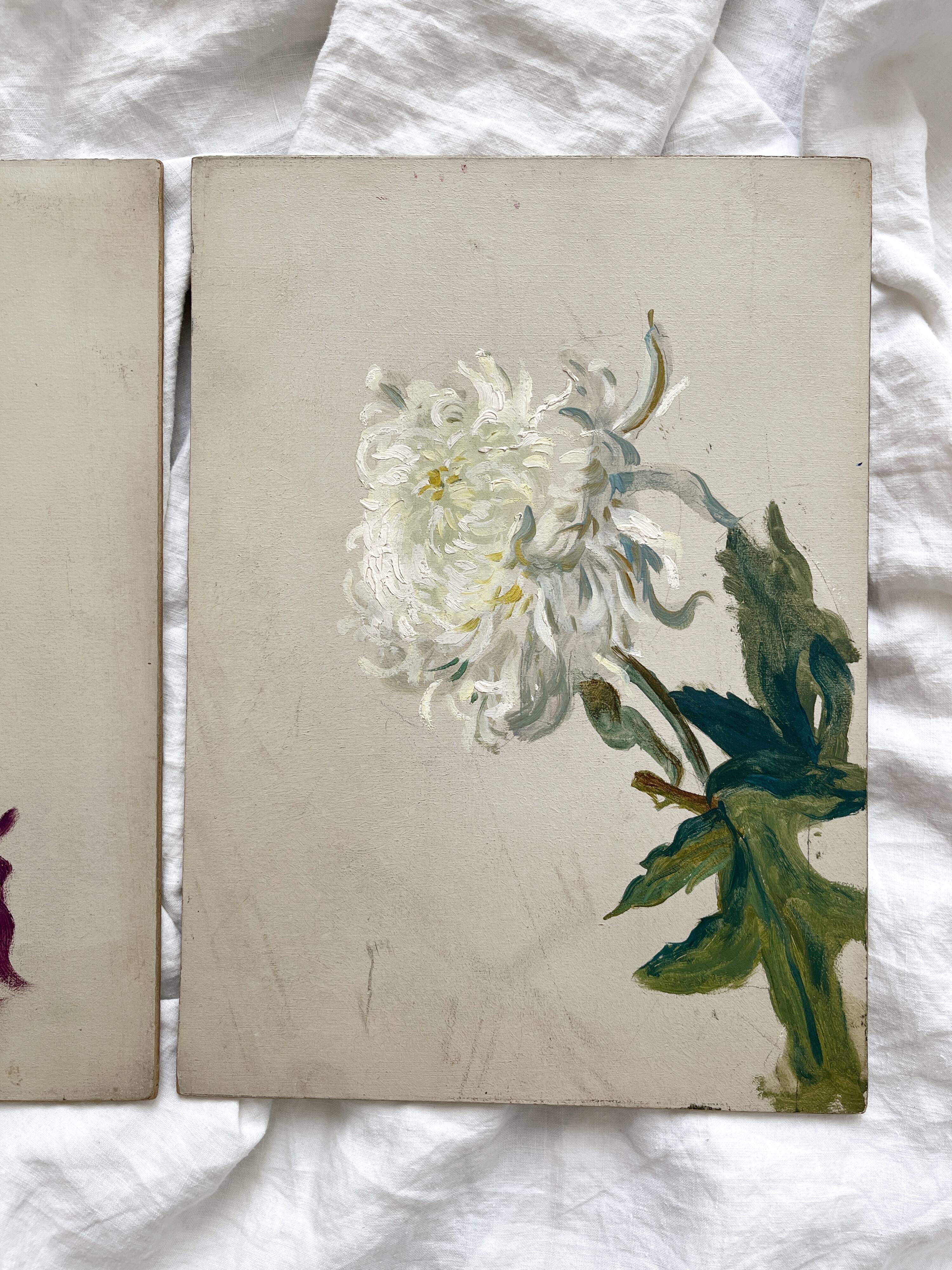 2 paintings on old cardboard dahlia flowers