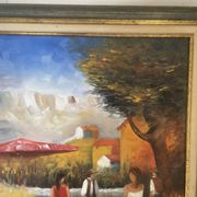 Old Oil Painting Canvas Landscape Peasant Work Provence