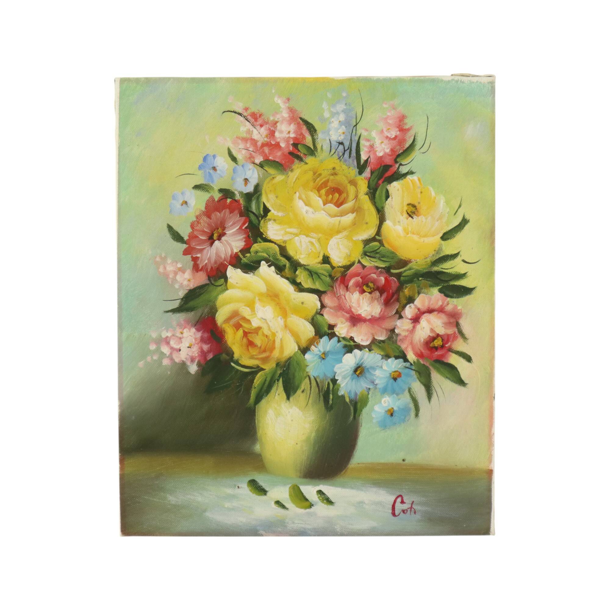 Flowers in Vase Still Life Painting Amateur Signed 27cm