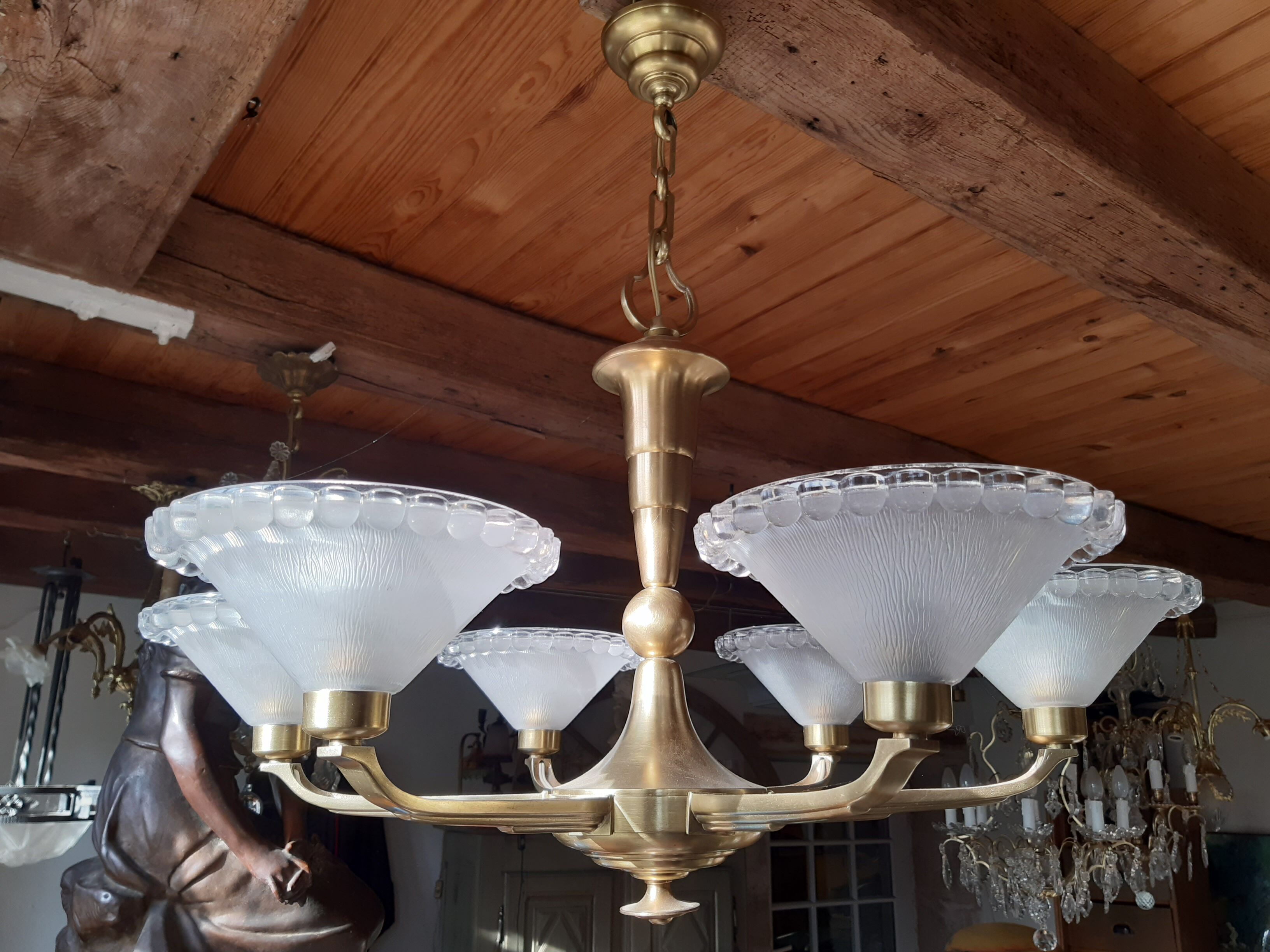Old art deco bronze chandelier 6 branches frosted molded glass.